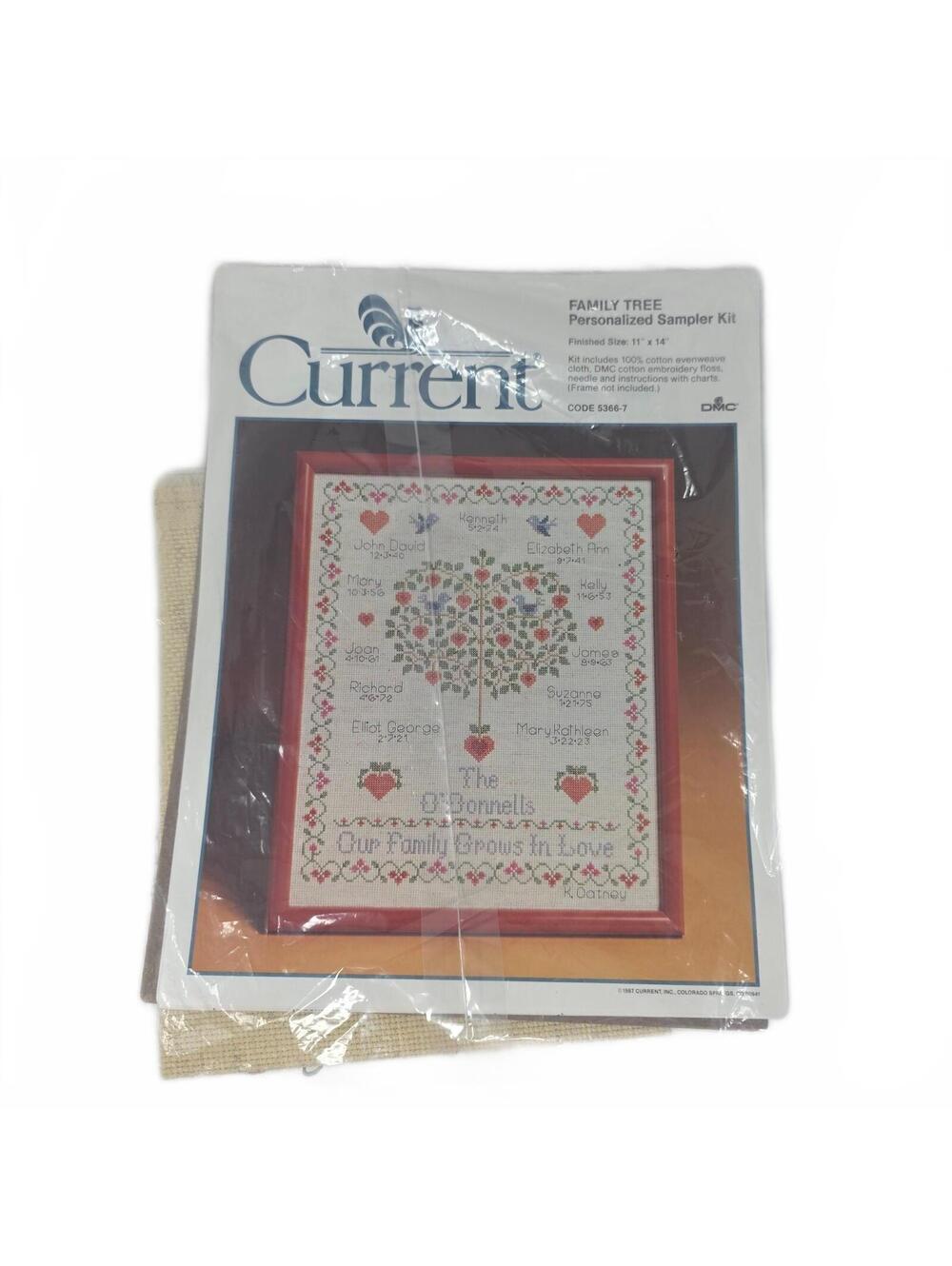 Vintage 1987 Current Family Tree Cross Stitch Sampler Kit Sealed DMC 11x14